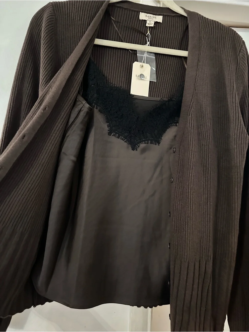 Sabine Brown Ribbed Cardigan with Black Lace-Trim Cami